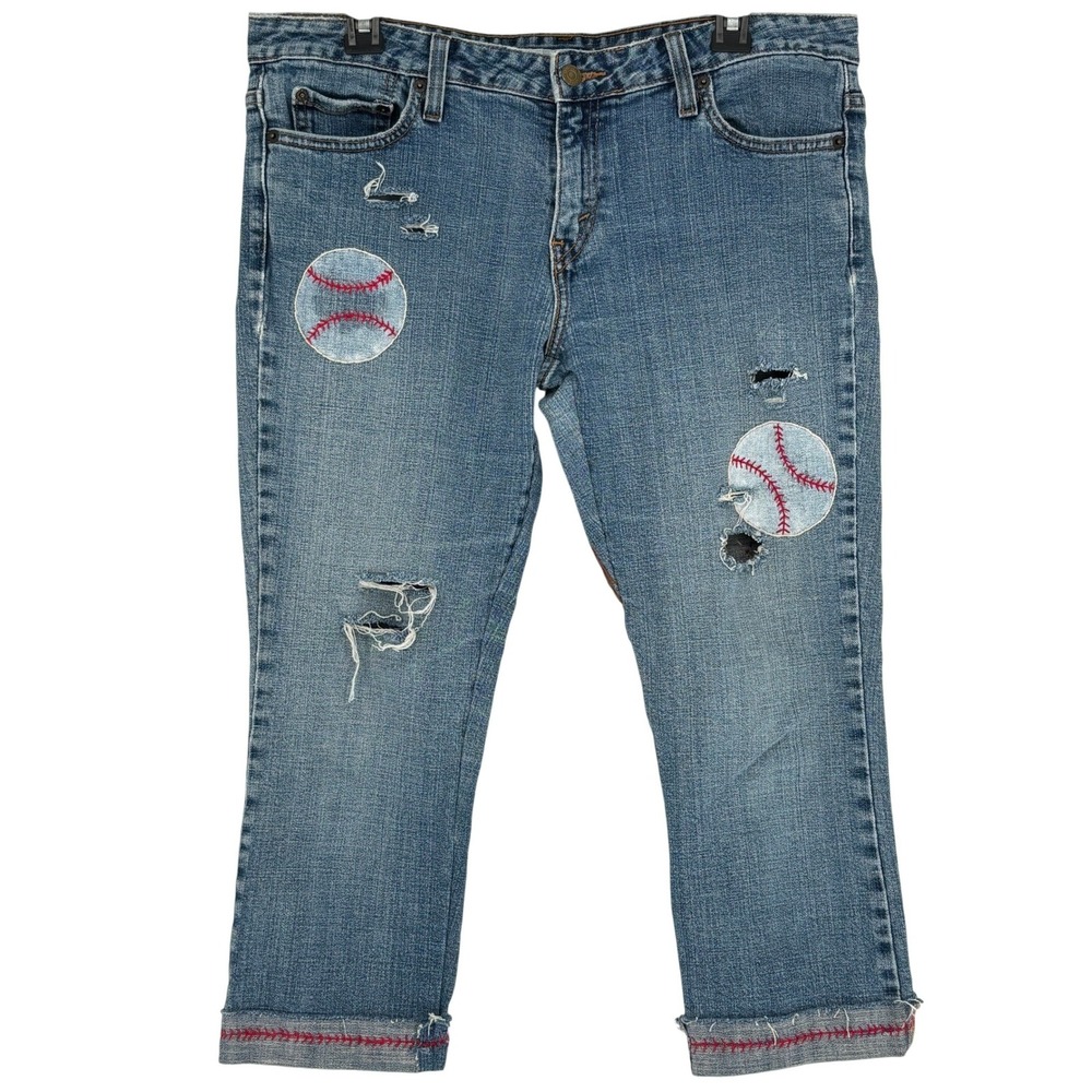 Levi's 545 Upcycled Baseball Themed Distressed Cropped Jeans 12M Vintage Y2K